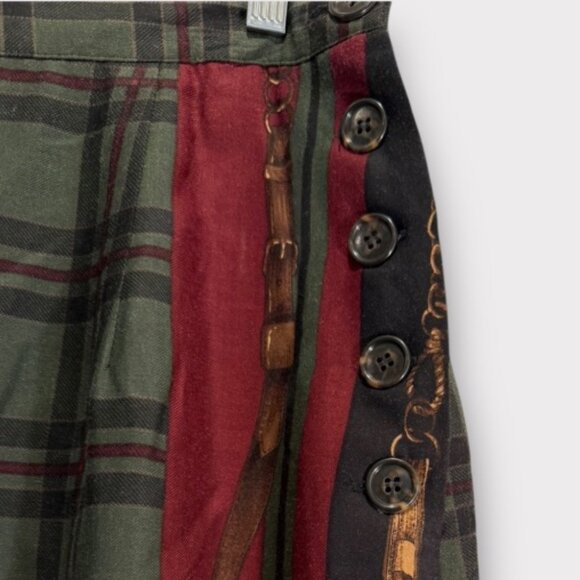 Vintage Maxi Skirt Equestrian Motif on Tartan Plaid Wrap-Style 1990s Sz 12 - Picture 4 of 6